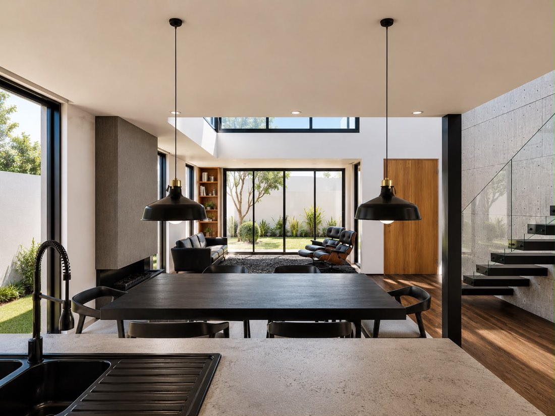 Interior de la Residencia Ecatepec: cocina, comedor y doble altura al jardín