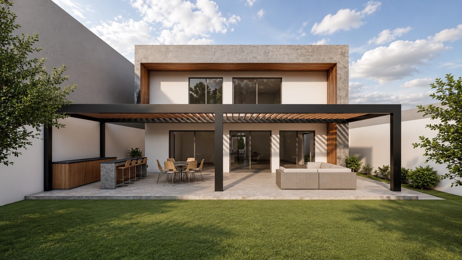 Fachada posterior de la Residencia Cananea, con pérgola de acero y jardín