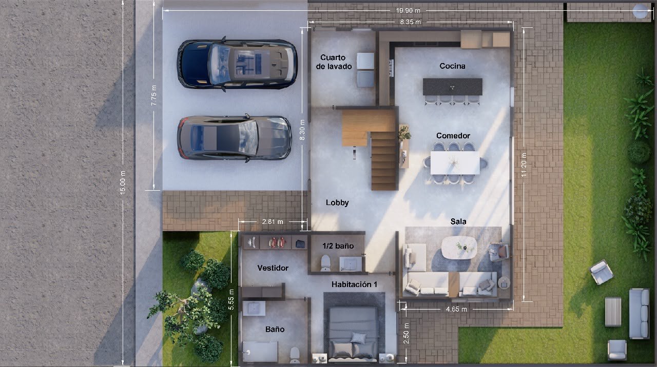 Planta arquitectónica acotada de una vivienda de Puerta Este, con distribución y mobiliario